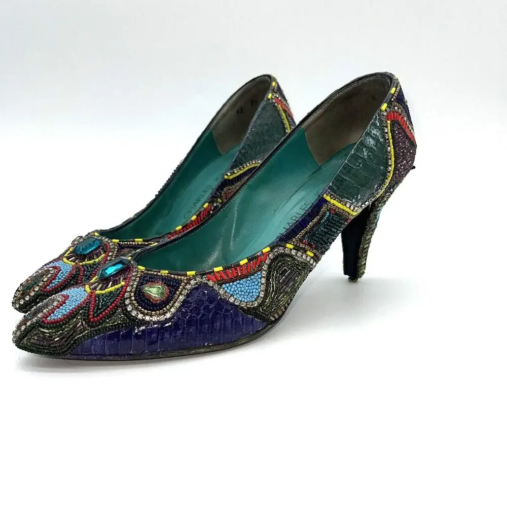 Bradley Levin Beaded Heels Womens 8 Charles Jourdan 80s 90s Vintage Rare Unique - Picture 3 of 15